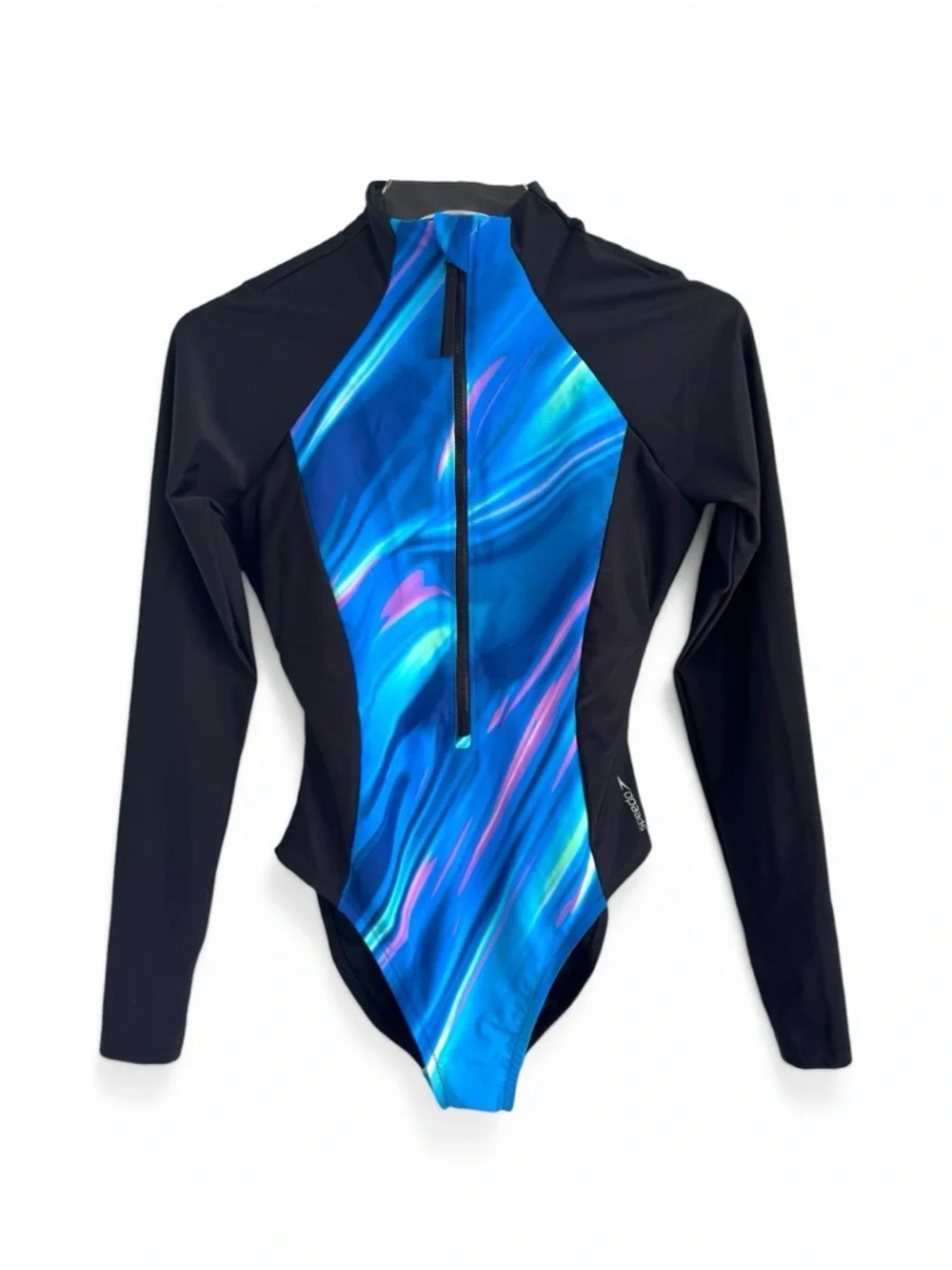 NWT SPEEDO RAPTURE GLOW Printed Long Sleeve Zip Swimsuit Blue SZ S - Picture 2 of 6